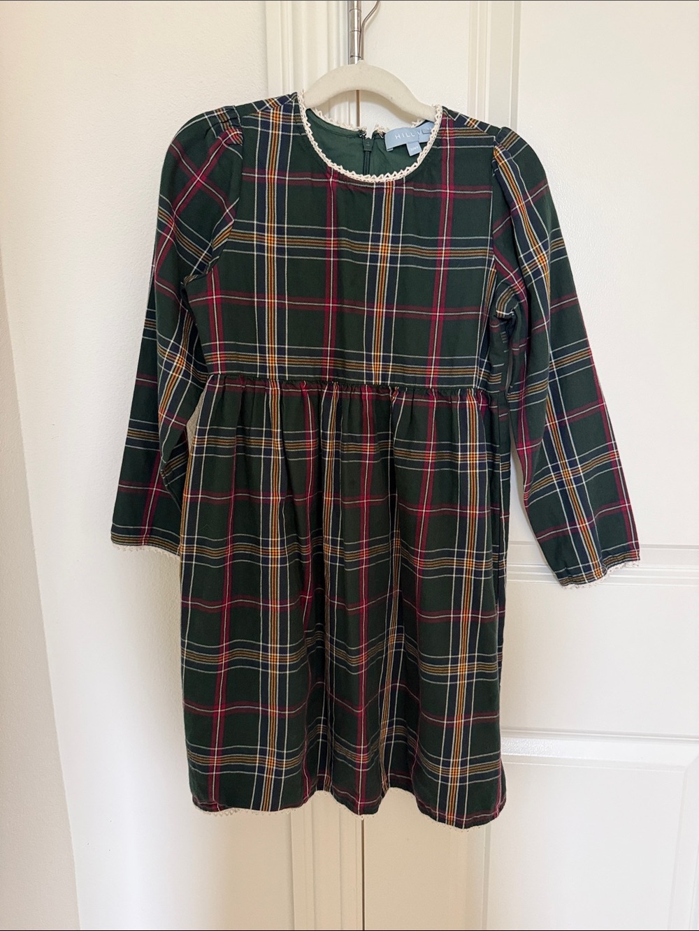 Hill House Green Tartan Dress with Lace Trim